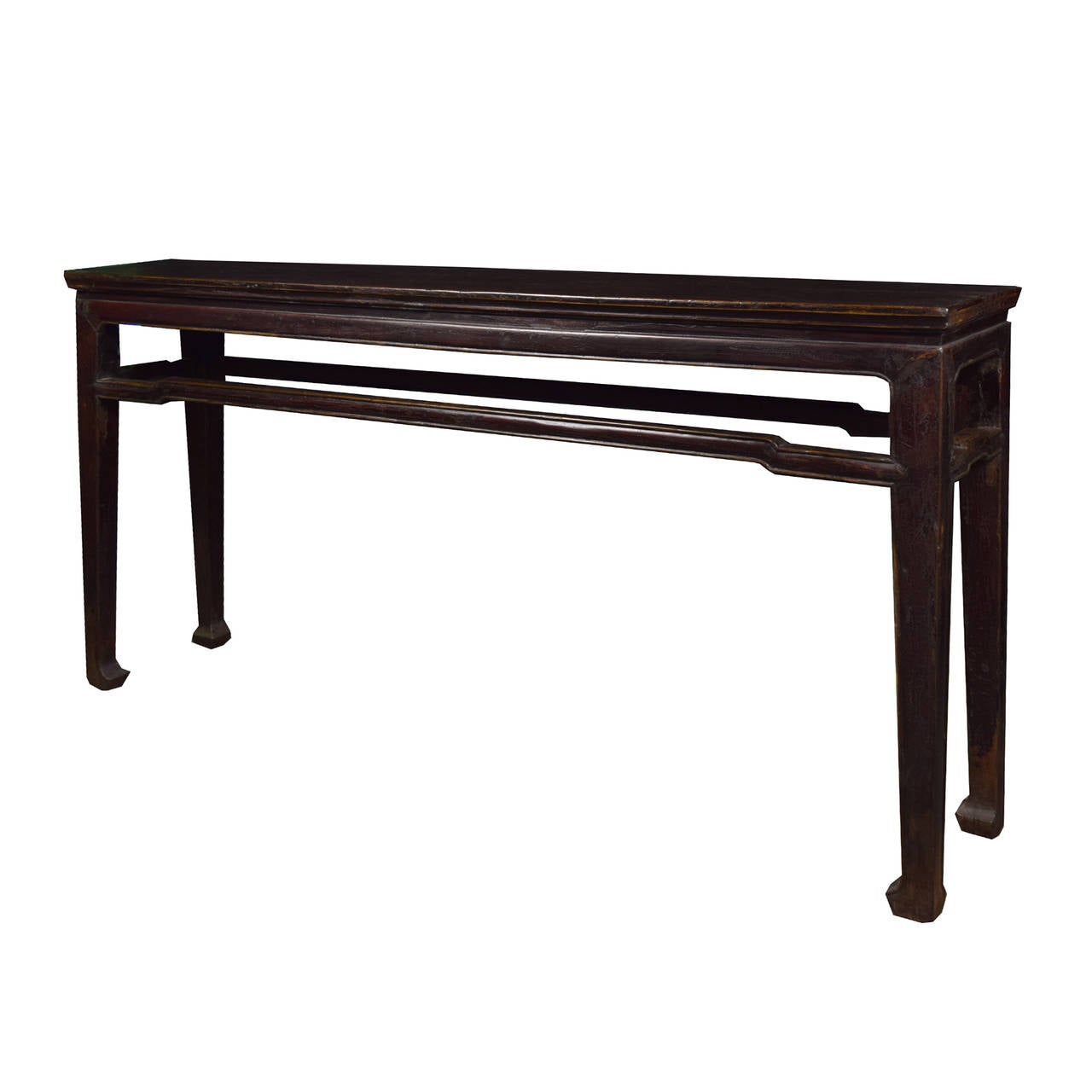 A shallow altar table from Shanxi Province, China made of Chinese Northern elm with stretchers on all four side and legs ending in hoof feet.

