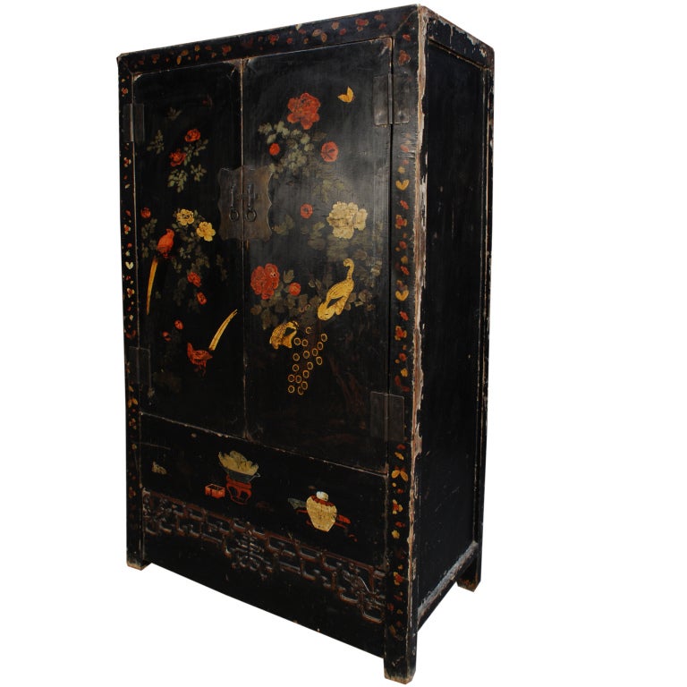 19th Century Chinese Painted Black Lacquer Cabinet In Excellent Condition In Chicago, IL