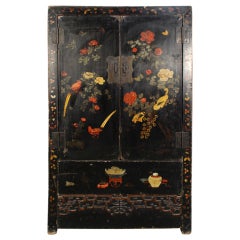 Antique 19th Century Chinese Painted Black Lacquer Cabinet