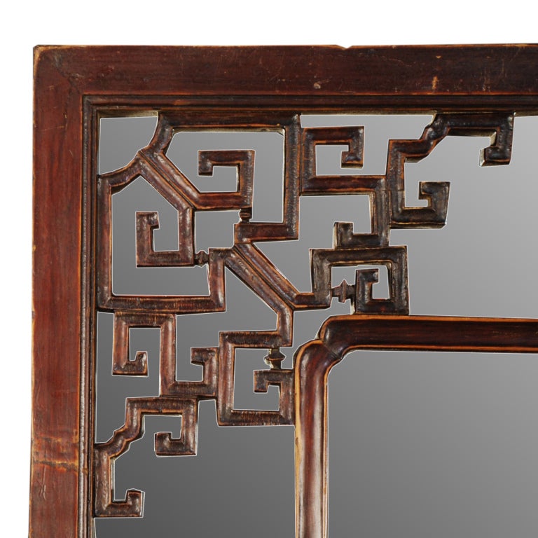 Early 20th Century Chinese Window Lattice Panel with Mirror In Excellent Condition In Chicago, IL