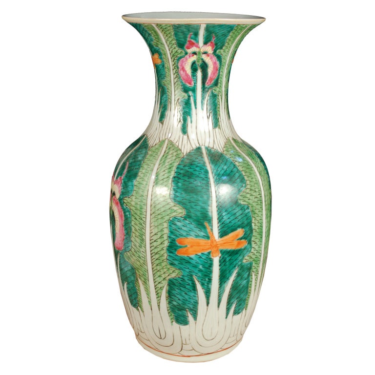 A pair of early 20th century Chinese phoenix tail form vases painted with cabbage leaves, dragonflies, and butterflies.<br />
<br />
Pagoda Red Collection #:  ZZZ114 <br />
<br />
<br />
Keywords:  Vase, urn, jar, pot, planter, pottery