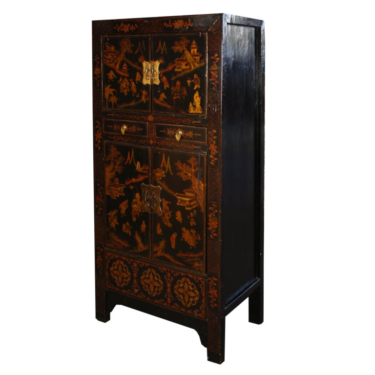19th Century Chinese Painted Cabinet In Excellent Condition In Chicago, IL