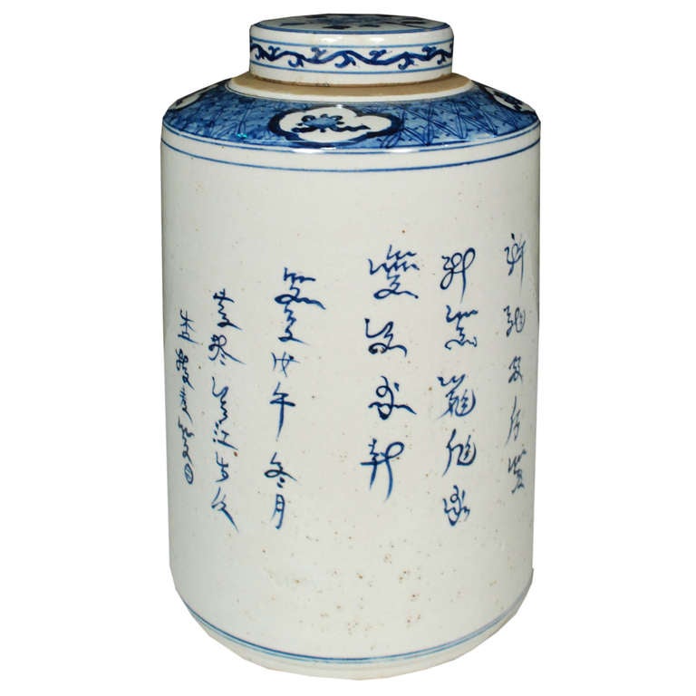 A lovely blue and white ceramic tea leaf jar. This jar from Southern China is hand painted with a floral motif.

Pagoda Red Collection # BJC026