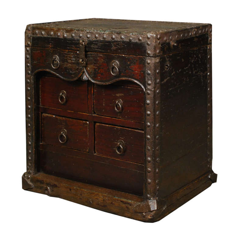 Elm Early 19th Century Chinese Low Iron Clad Chest with Drawers