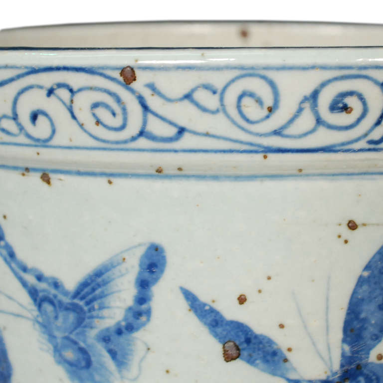 20th Century Chinese Blue and White Butterfly Scroll Pot