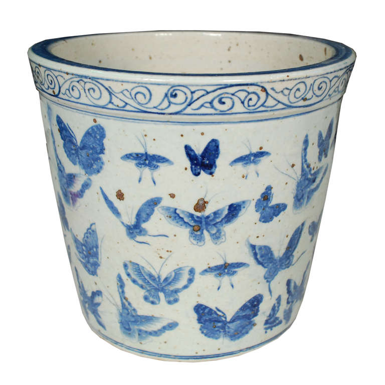A lovely blue and pot from Southern China. This ceramic pot features a butterfly motif and a scroll pattern along the rim.

Pagoda Red Collection # BJC061