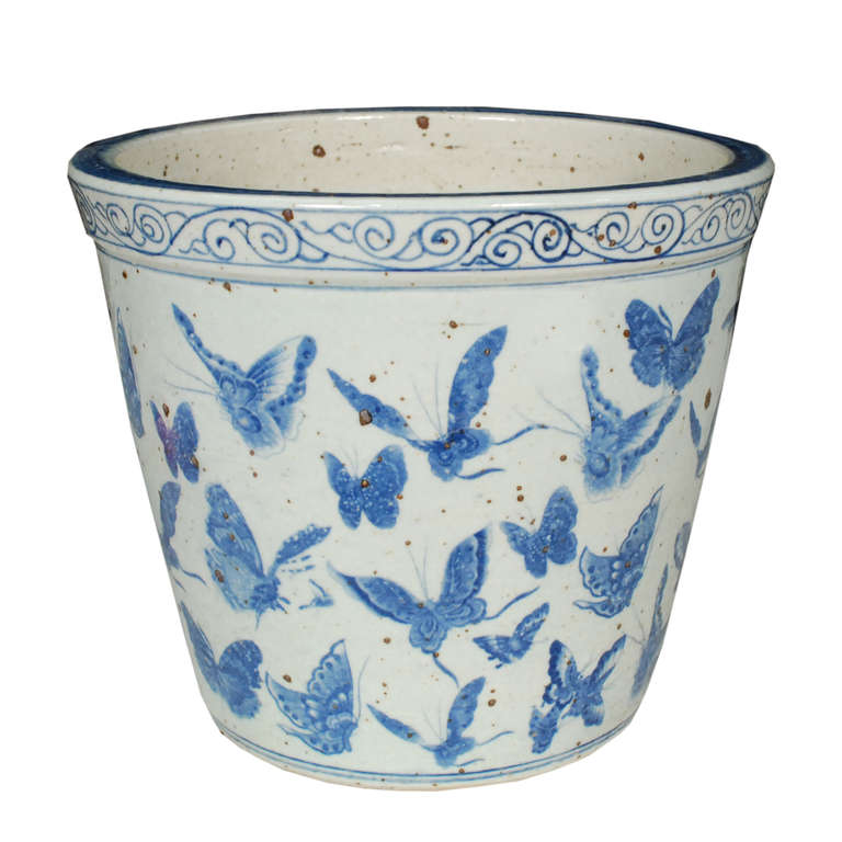 Chinese Blue and White Butterfly Scroll Pot In Excellent Condition In Chicago, IL