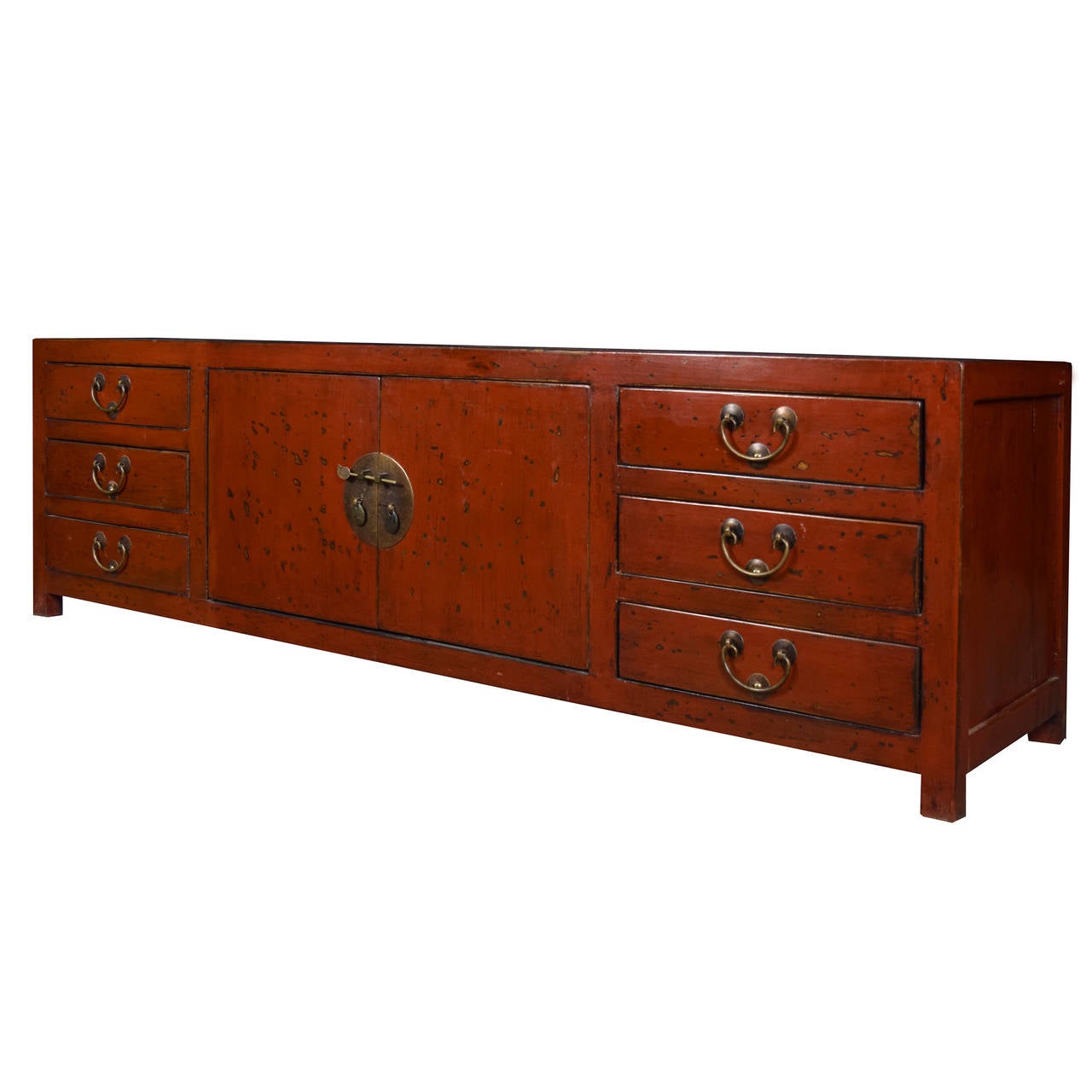 Qing Six-Drawer Two-Door Low Red Lacquer Chest