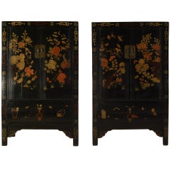 Pair of 19th Century Chinese Black Lacquer Cabinet with Wucai Painting