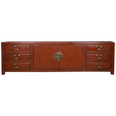 Antique Six-Drawer Two-Door Low Red Lacquer Chest