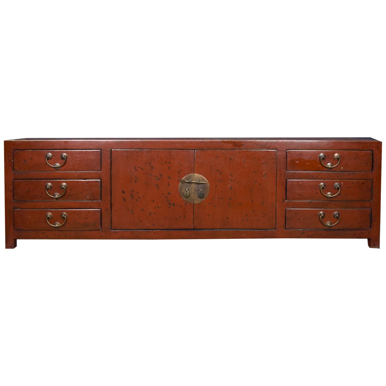 Six-Drawer Two-Door Low Red Lacquer Chest