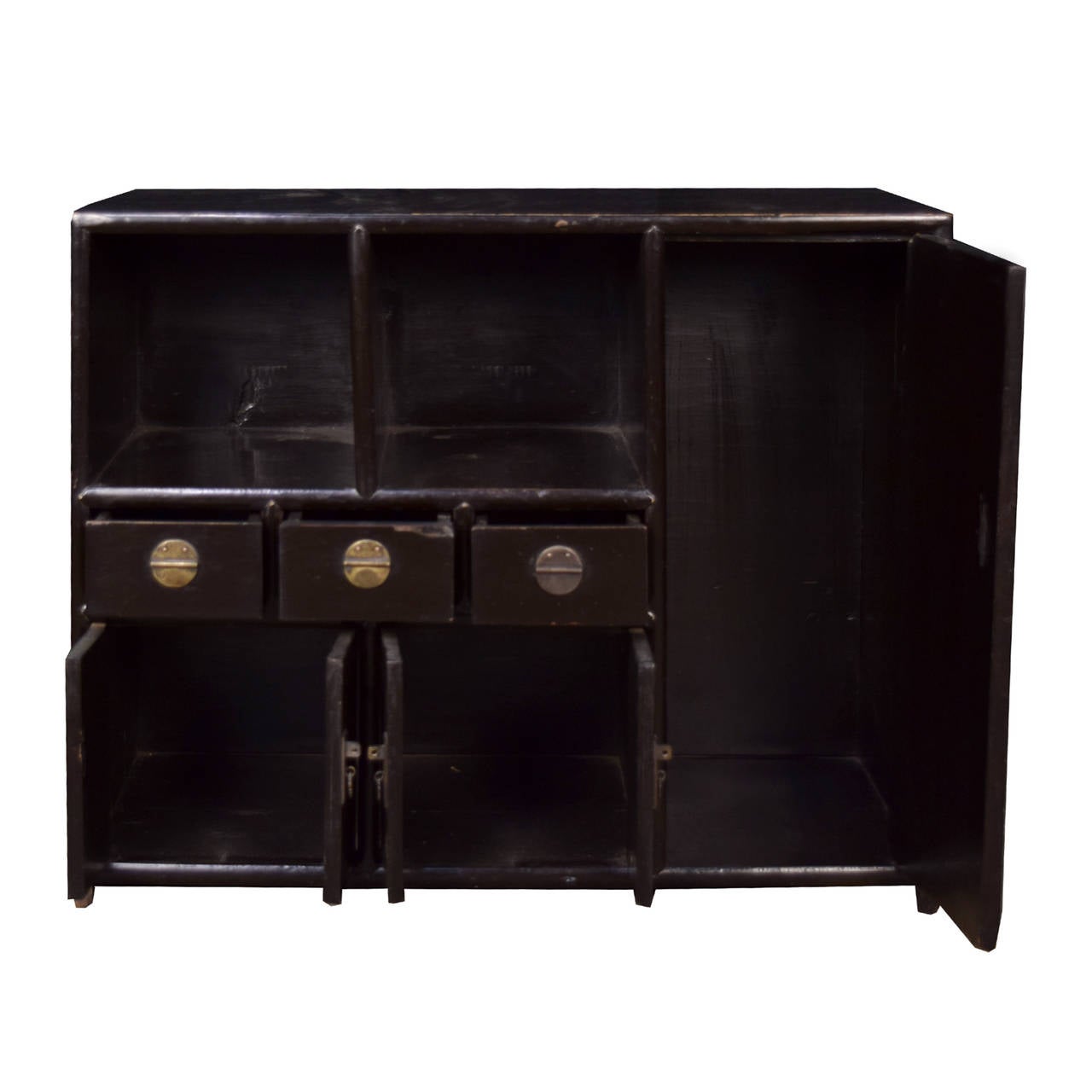 A 19th century petite collector's cabinet from Shanxi Province, China with five doors and three drawers made of Chinese Northern Elmwood with brass hardware.