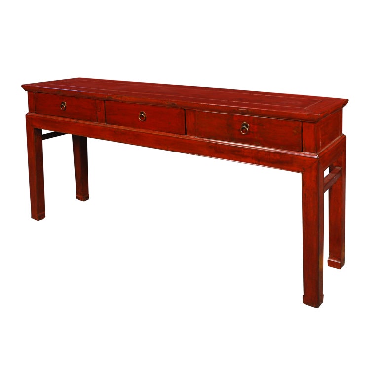 19th Century Chinese Red Lacquered Three Drawer Table In Excellent Condition In Chicago, IL