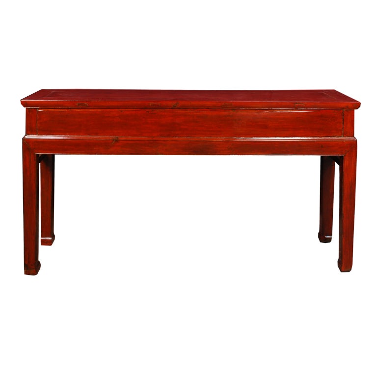19th Century Chinese Red Lacquered Three Drawer Table 2