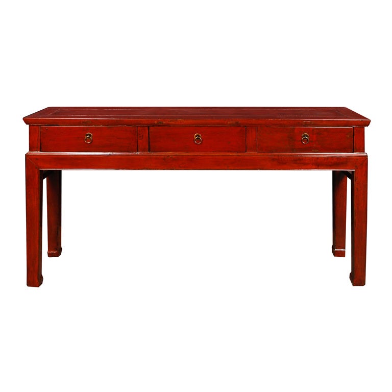 19th Century Chinese Red Lacquered Three Drawer Table