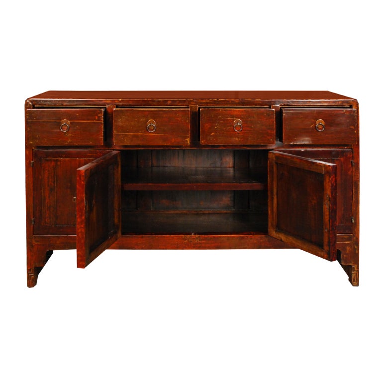 An early 20th century Chinese red lacquered coffer with four drawers and four doors with brass hardware.

Pagoda Red Collection #:  CAI002


Keywords:  Sideboard, server, credenza, buffet, console table, sofa table