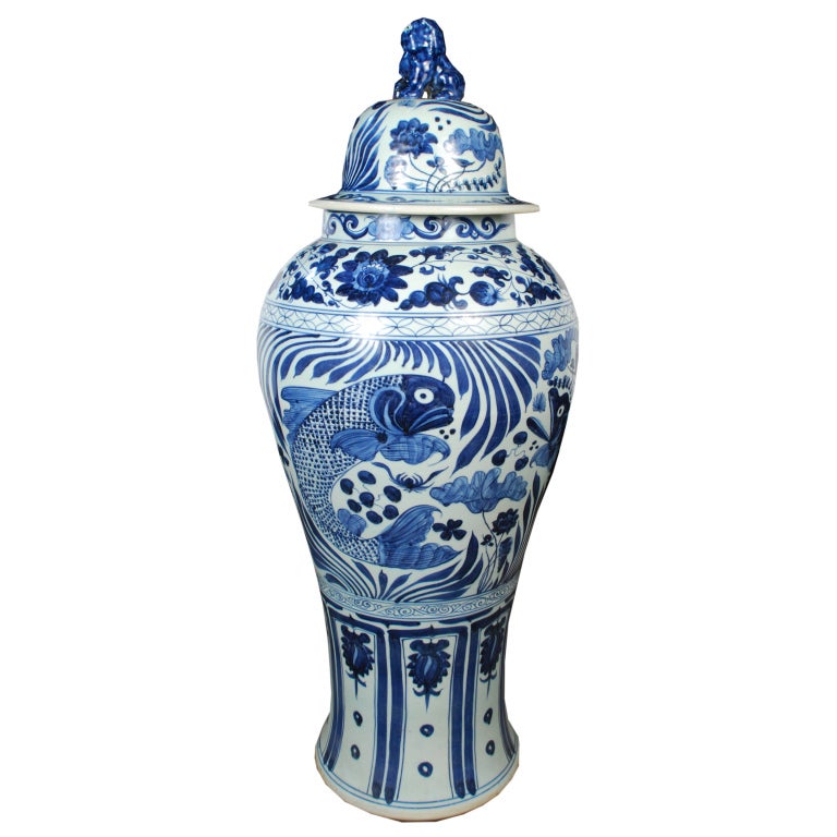 Pair of Monumental Blue and White Baluster Jars