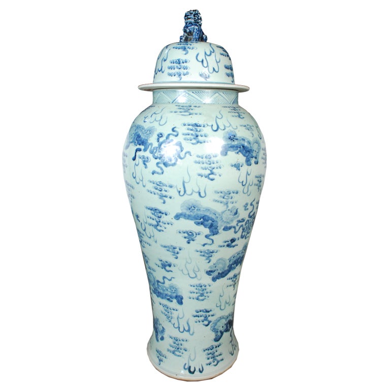 A pair of 20th century Chinese monumental blue and white underglazed porcelain painted with multiple lions, or Fu Dogs, amidst clouds and flying pearls.