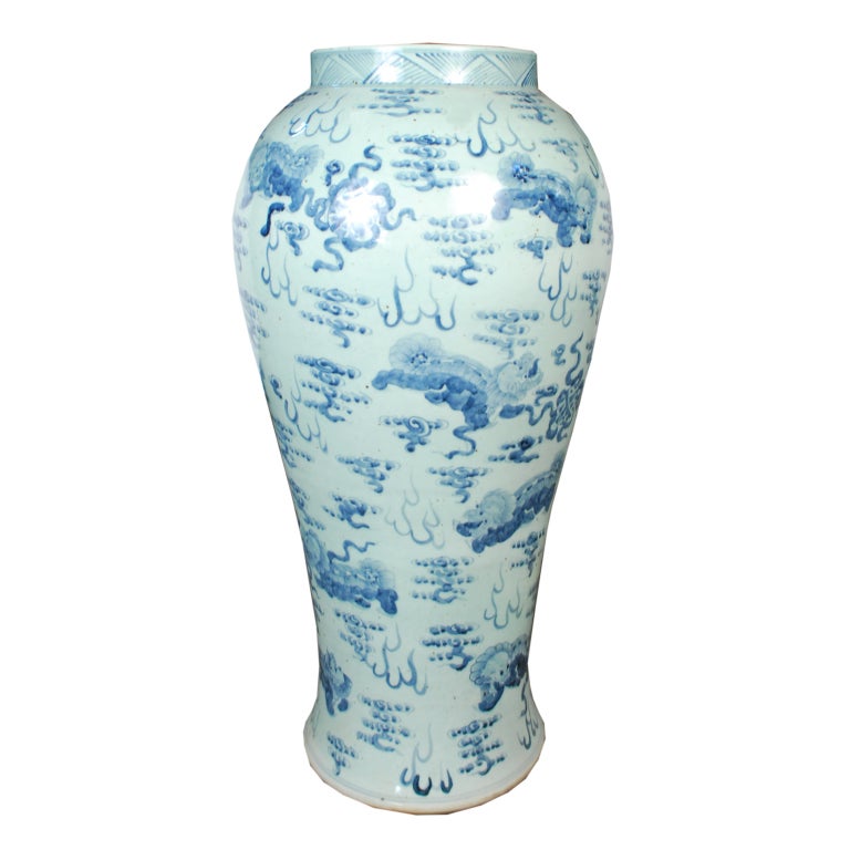 Chinese Pair of Monumental Blue and White Ginger Jars with Lions
