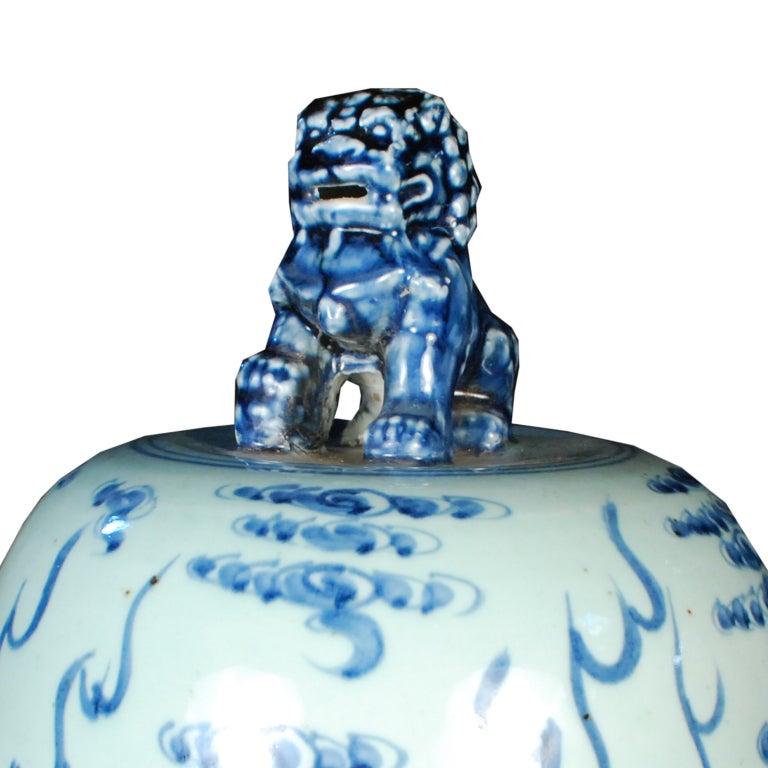 20th Century Pair of Monumental Blue and White Ginger Jars with Lions