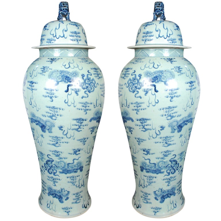 Pair of Monumental Blue and White Ginger Jars with Lions