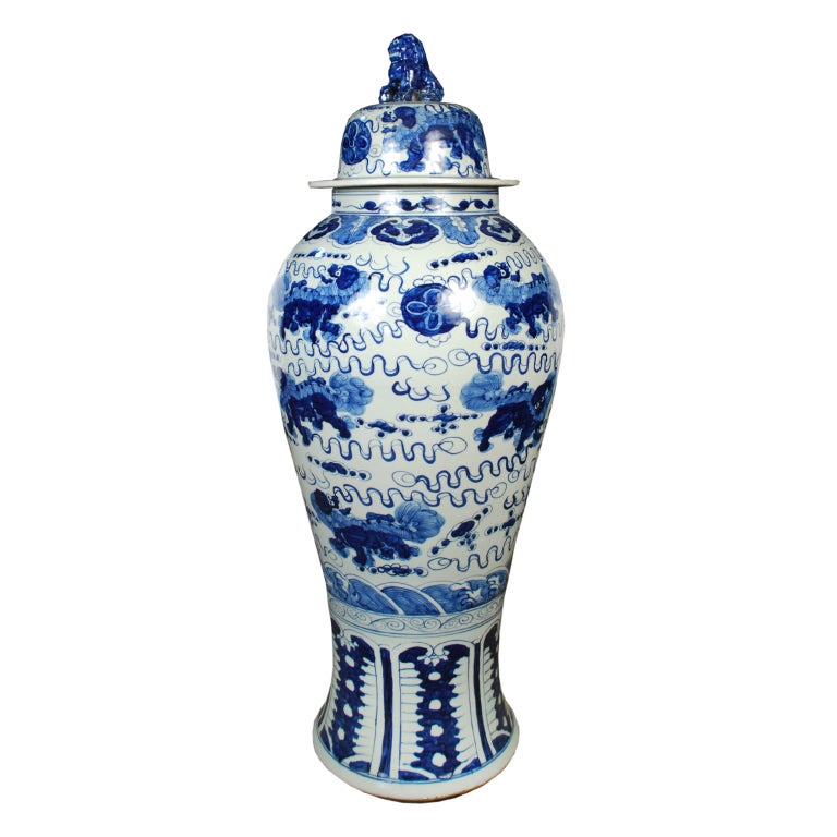 A pair of Chinese blue and white undergalzed porcelain baluster jars with lids depicting multiple shizi (Fu dogs) and pearls of wisdom.

Pagoda Red Collection #:  BJAA088A


Keywords:  Jar, urn, vase, vessel, planter