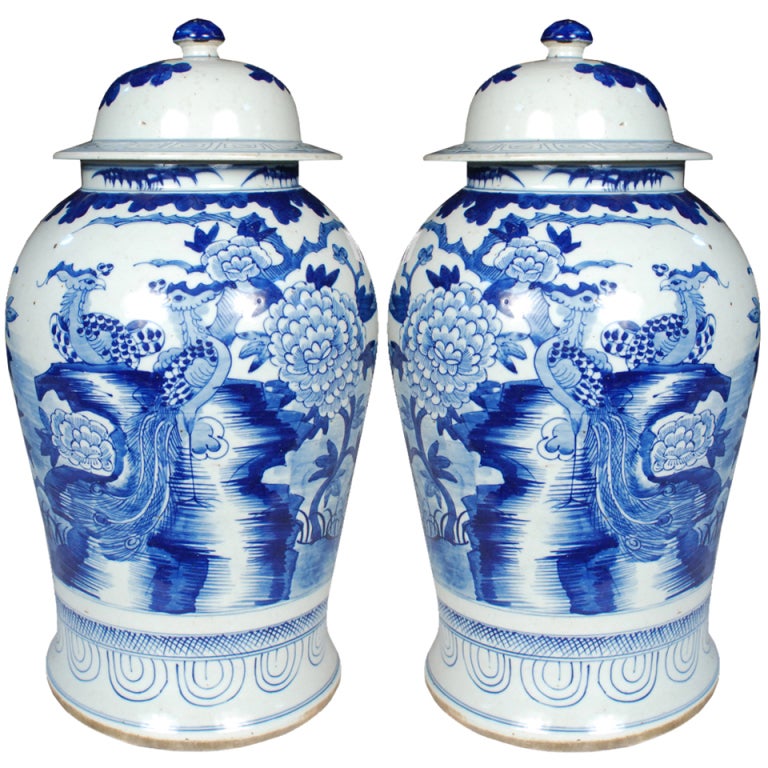 Pair of Chinese Blue and White Phoenix and Peony Ginger Jars