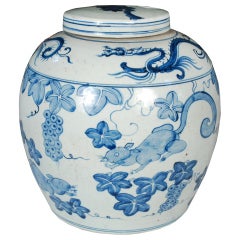 20th Century Chinese Blue and White Ginger Jar with Squirrels