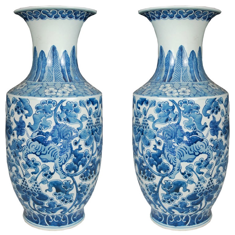Pair of 20th Century Chinese Blue and White Phoenix Tail Vases