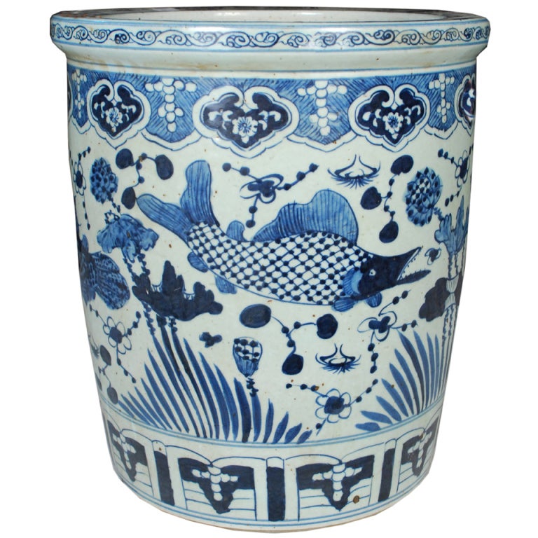 Chinese Blue and White Scroll Jar with Fish