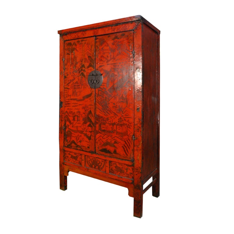 Pair of 19th Century Chinese Red Lacquered Cabinets In Excellent Condition In Chicago, IL