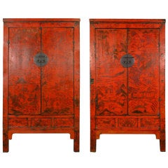 Antique Pair of 19th Century Chinese Red Lacquered Cabinets