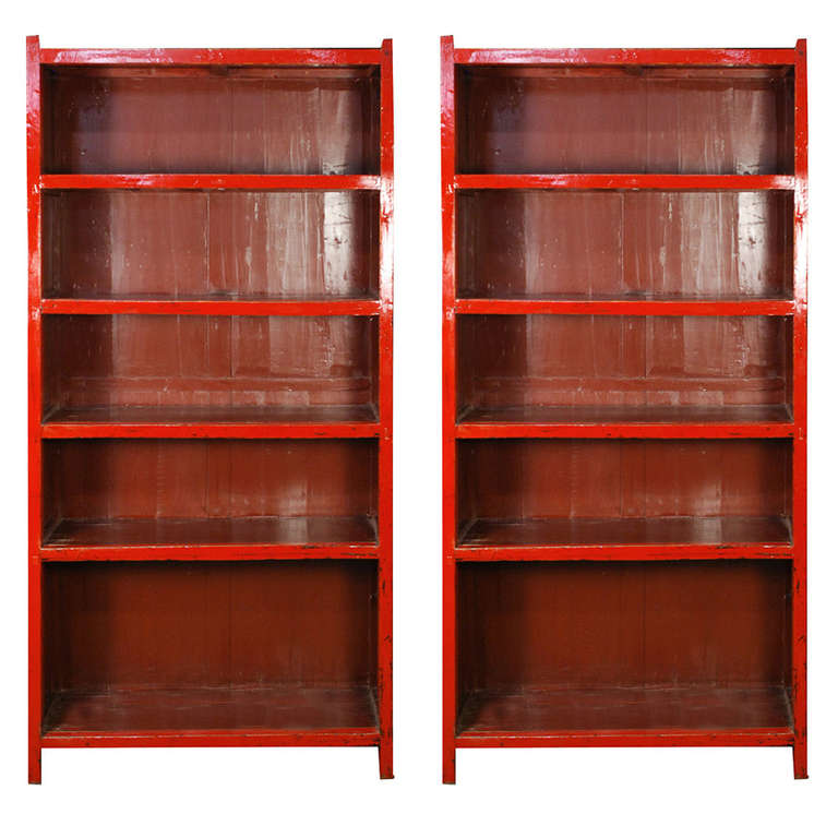 Pair of 19th Century Chinese Red Lacquer Bookshelf at 1stdibs