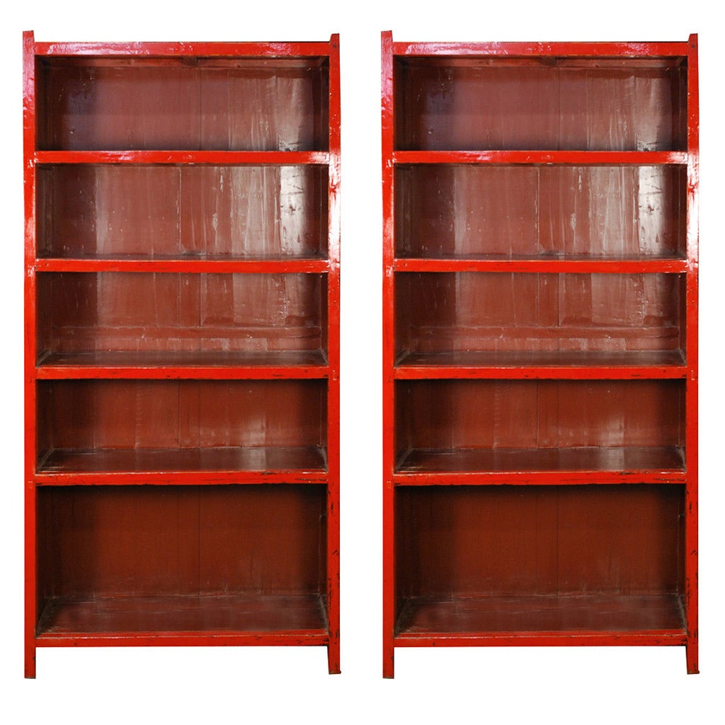 Pair of 19th Century Chinese Red Lacquer Bookshelf