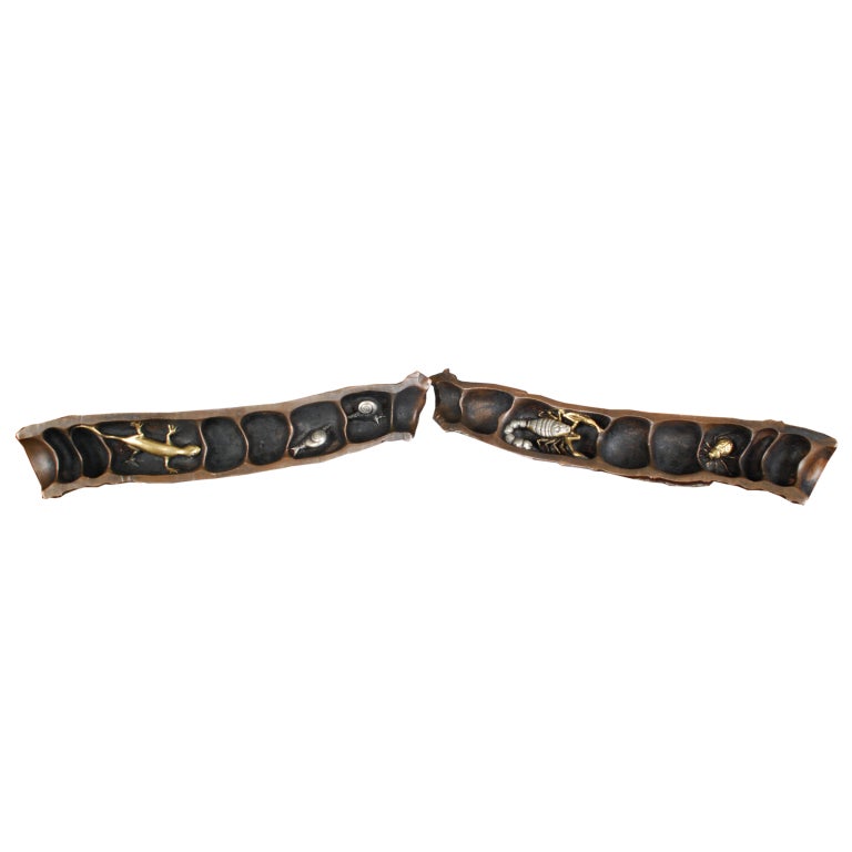 A pair of 20th century Chinese mixed-metal scholar's wrist wrests of bamboo form covered top to bottom with myriad of insects and a frog.

Pagoda Red Collection #:  BJAA032


Keywords:  Scholars object, China, Chinese, Japanese, Japan