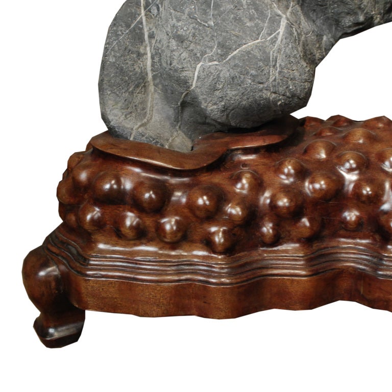 Chinese Monumental Lingbi Stone on Rosewood Stand