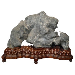 Antique Monumental Lingbi Stone on Rosewood Stand