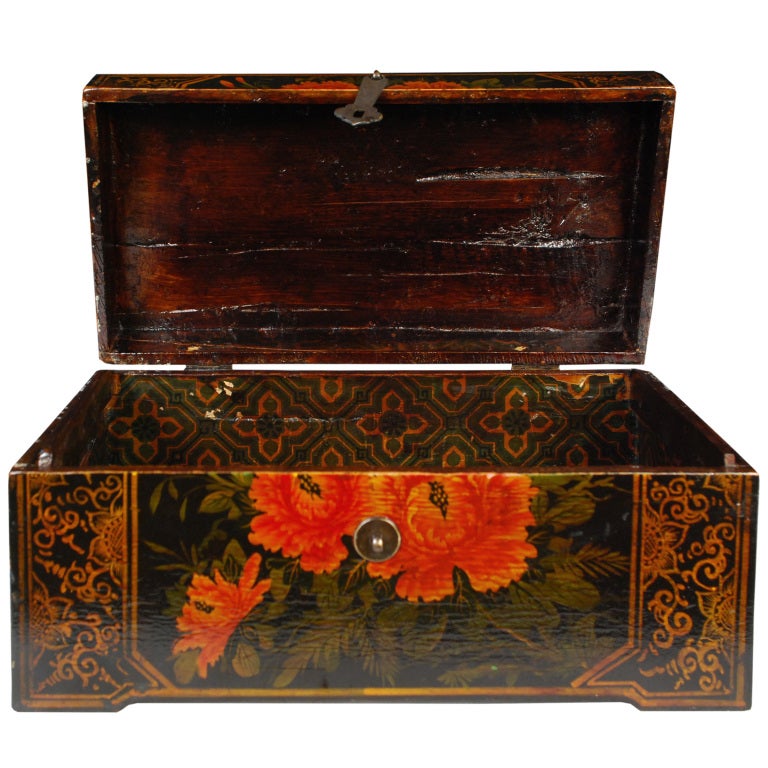 An early 20th century Chinese elmwood box painted with peonies.

Pagoda Red Collection #:  CAI053A

Keywords:  Box, trunk, desk accessory, jewelry