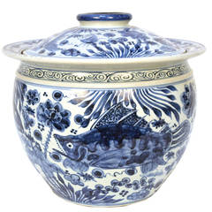 Vintage Chinese Blue and White Covered Jar with Fish