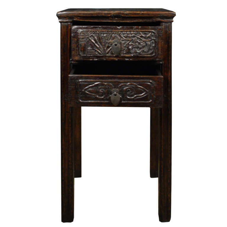 Pair of 19th Century Chinese Tall Square Side Tables with Ruyi Carved Drawers In Excellent Condition In Chicago, IL