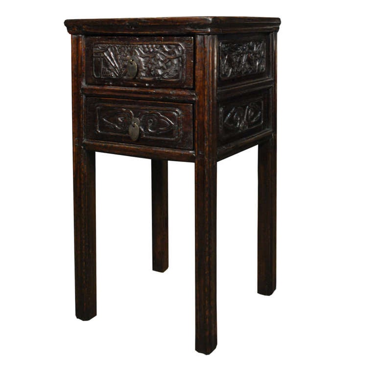 Pair of 19th Century Chinese Tall Square Side Tables with Ruyi Carved Drawers 1