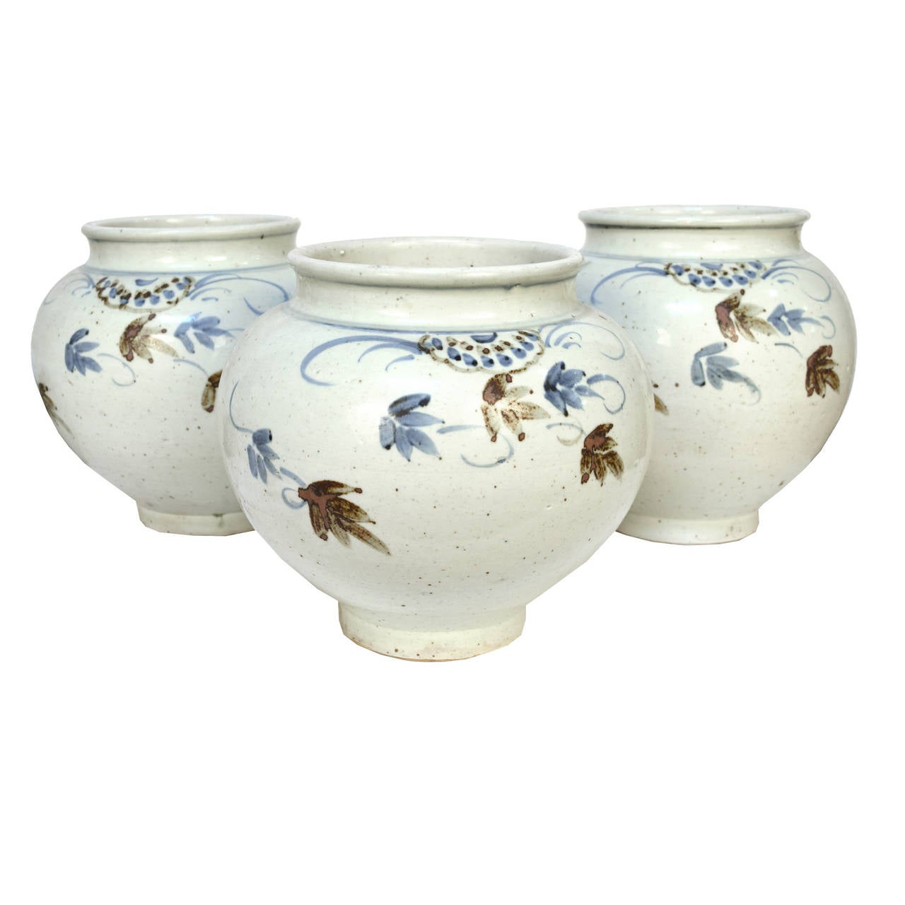 Korean style white porcelain jar with cobalt and iron painting depicting leaves and vines, contemporary from Beijing, China.