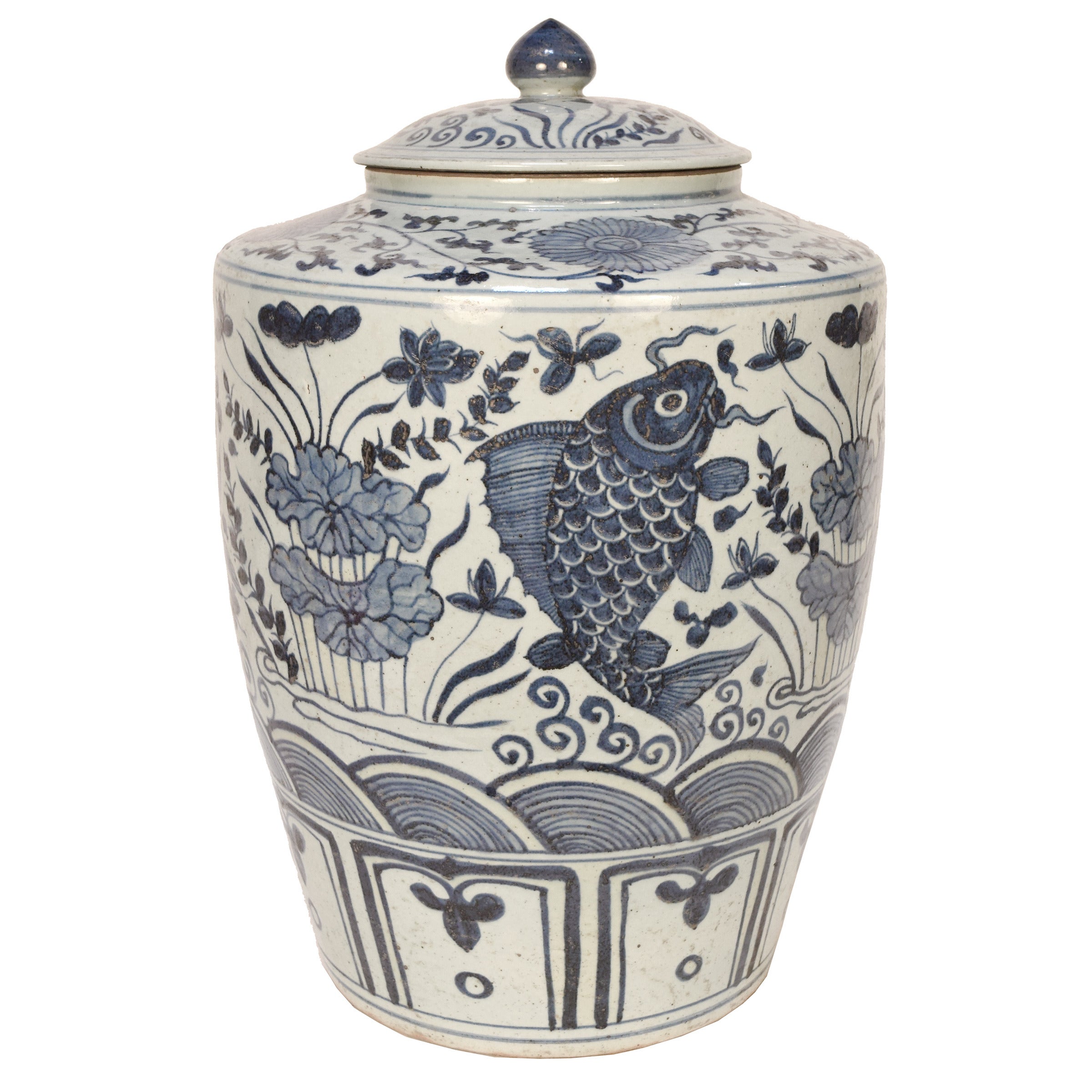 Early 20th Century Chinese Blue and White Fish Tea Leaf Jar