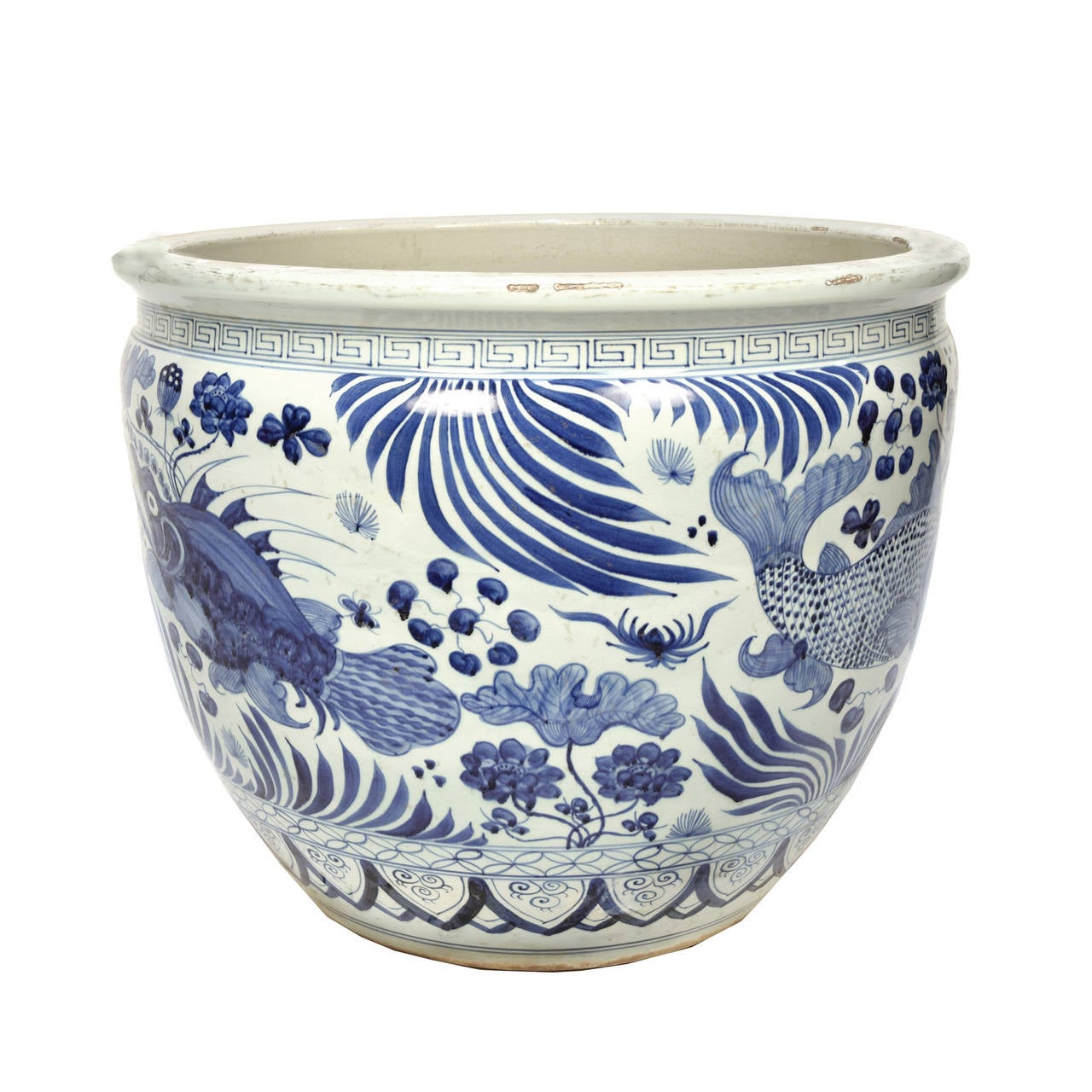 A large blue and white bowl from Beijing, China painted with varies fish and sea foliage with a meandering pattern along the top.

Pagoda Red collection # BJCC037