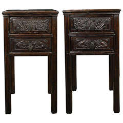 Antique Pair of 19th Century Chinese Tall Square Side Tables with Ruyi Carved Drawers