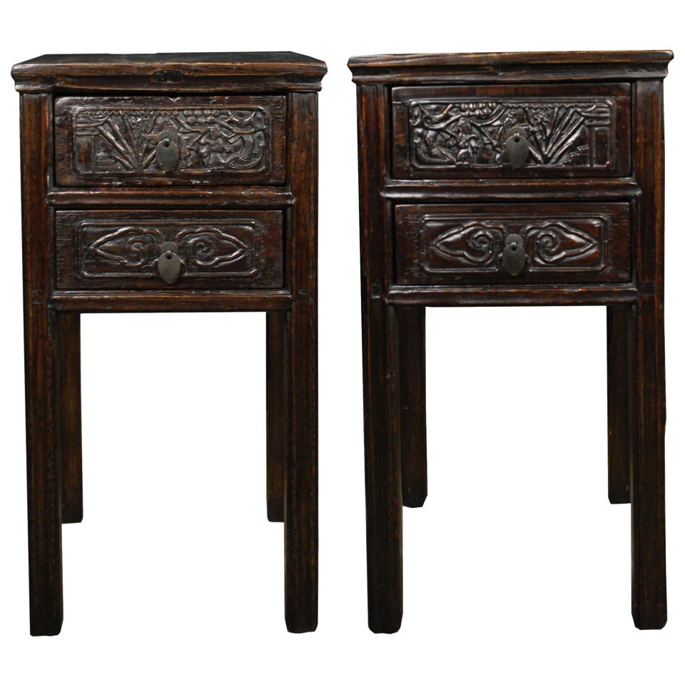 Pair of 19th Century Chinese Tall Square Side Tables with Ruyi Carved Drawers
