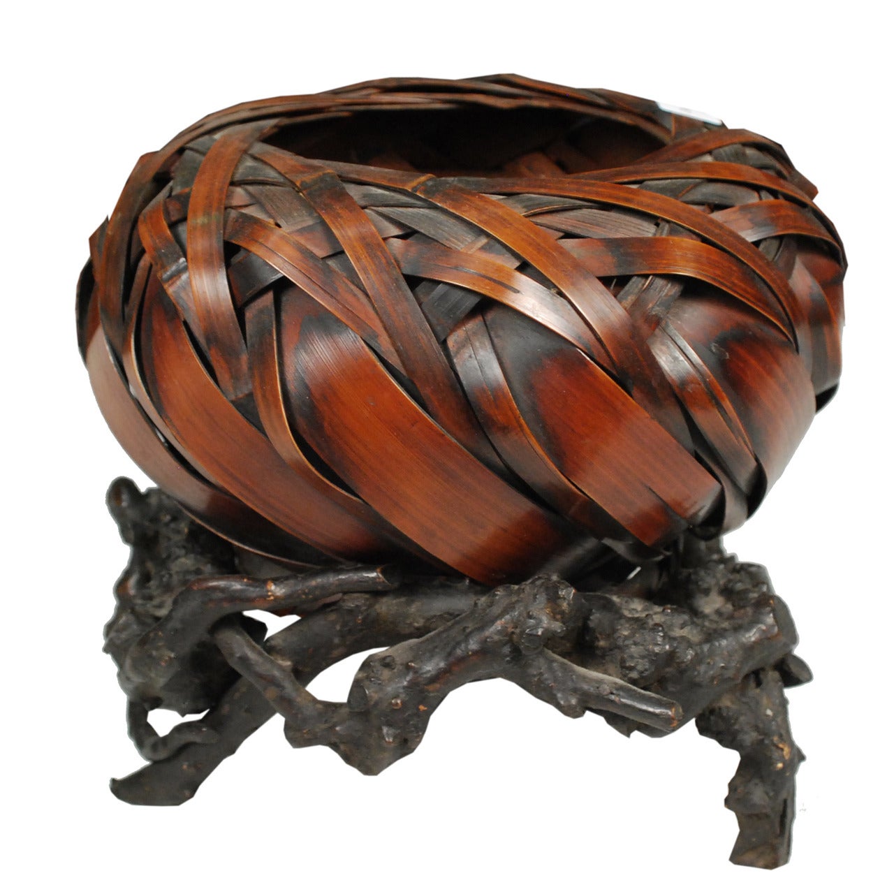 19th Century Japanese Woven Ikebana Basket on Hardwood Stand at 1stDibs