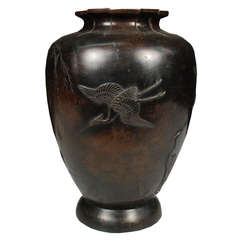 Antique Early 20th Century Japanese Bronze Urn with Cranes