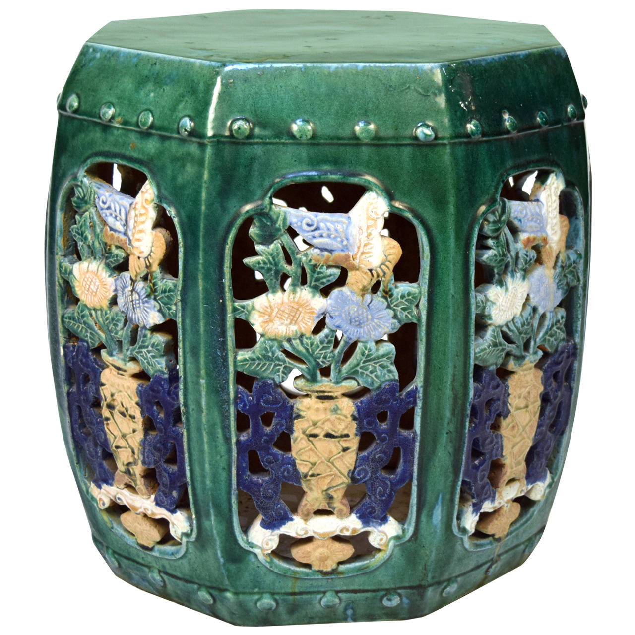 Vintage Chinese Floral Garden Seat Garden stool, Wooden plant stands