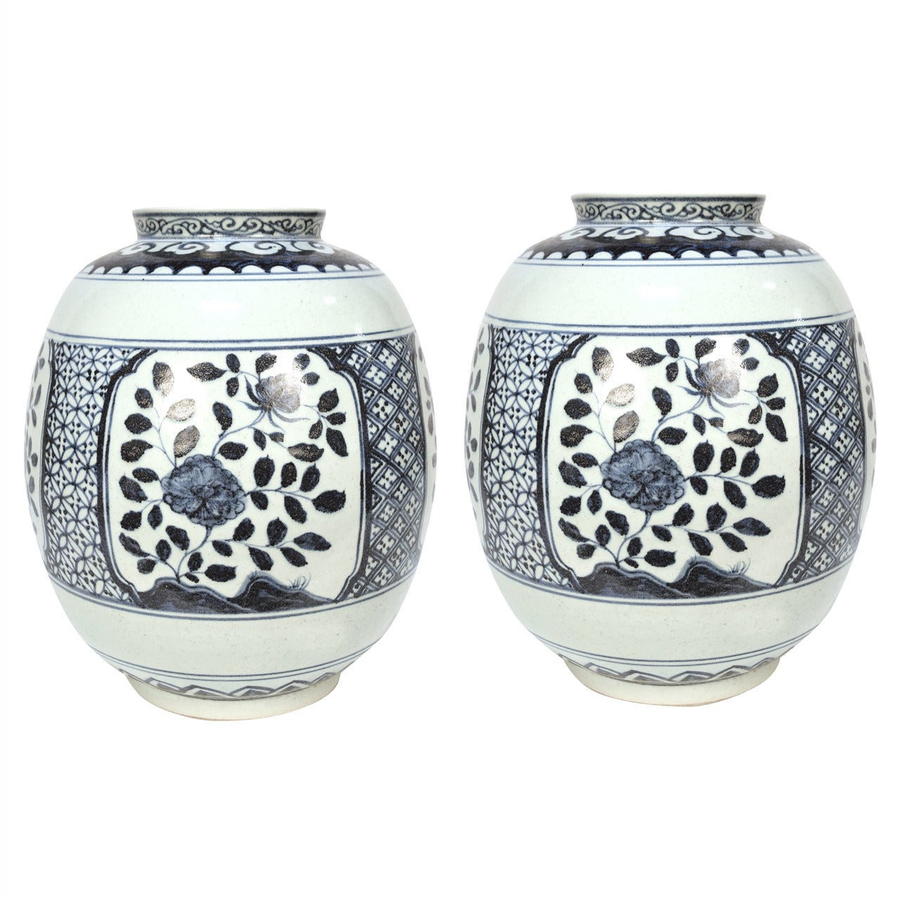 Pair of Floral Indigo Blue and White Jars